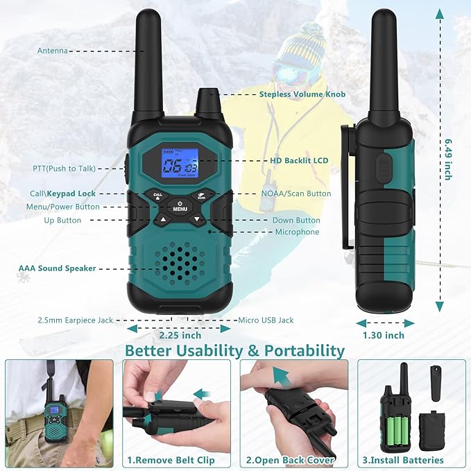 Walkie Talkies for Adults Rechargeable Long Range 6 Pack, Family 2 Way Radio NOAA Walkie-Talkie with Earpiece USB Cable 4500mAh Battery for Farm Warehouse Working Camping Hiking Hunting Cruise