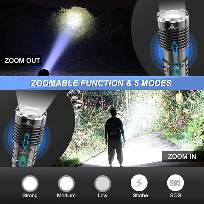 High Lumens LED Flashlights Rechargeable, Super Bright Flashlight, Powerful Tactical Flashlights, Waterproof Handheld Flash Light with 5 Modes, Zoomable, Power Display for Camping Emergencies
