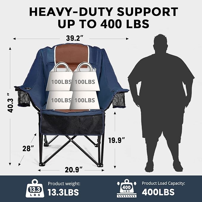 Oversized Camping Chair for Large Adults Heavy Duty 400 lbs Capacity, Comfortable Padded Folding Lawn Chair with Back & Headrest Support and Cup Holder, Portable Outdoor Chair with Carry Bag