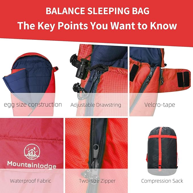 Mountainlodge Balance Sleeping Bag for Adult,Cold&Warm Weather with Compression Sack and Water Resistant for Family Camping,Travel and Car Camping