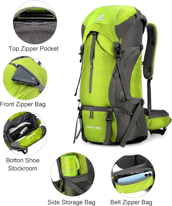 ShowyLive 70L Hiking Backpack - Lightweight Waterproof Travel Backpack for Men & Women, Foldable Daypack with Rain Cover for Camping & Outdoor (Fluorescent Green)