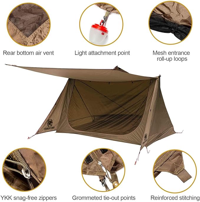 OneTigris Backwoods Bungalow Bushcraft Shelter 2.0, Ultralight Backpacking Tent with with Porch for Camping Hiking Backpacking Motorcycle Kayak Bushcrafters