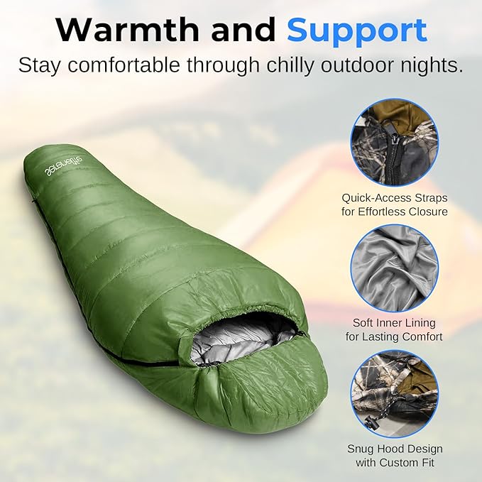 SereneLife 0 Degree Mummy Sleeping Bag – Military-Style, Lightweight & Waterproof for Extreme Cold, Stays Warm in 5–10°F, No-Snag Zipper, Compact Carry Bag & Travel Pillow for Camping & Backpacking