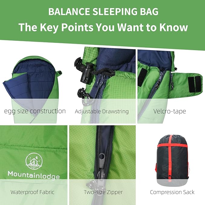 Mountainlodge Balance Sleeping Bag for Adult,Cold&Warm Weather with Compression Sack and Water Resistant for Family Camping,Travel and Car Camping