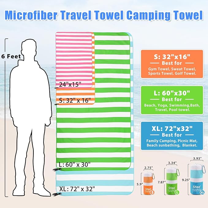 Sfee 2 in 1 Microfiber Oversized Beach Towel, Quick Dry Towel Travel Towel Camping Towel Super Absorbent Compact Lightweight Sports Towel Gym Towel for Beach,Gym, Hiking, Pool, Backpacking, Bath, Yoga