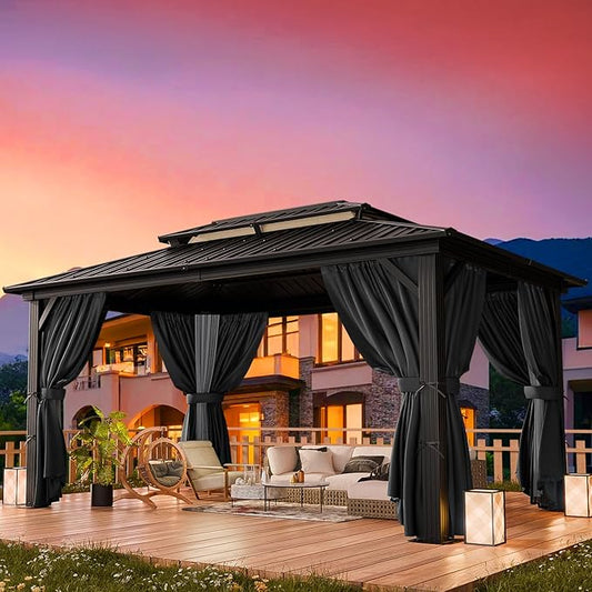 HOTEEL 10x12 Hardtop Gazebo on Clearance with Heavy Duty Galvanized Steel Double Metal roof,Aluminum Frame,Patio Gazebo with Curtains and Netting,Outdoor Permanent Pavillon for Backyard,Black