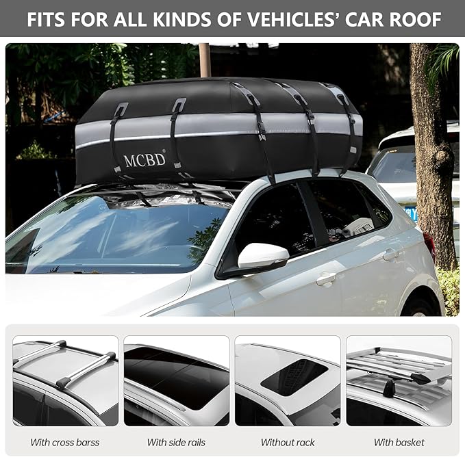 Rooftop Cargo Carrier, 21 Cubic Feet Soft-Shell Waterproof Car Roof Luggage Bag for All Vehicles SUV with/Without Rails, Includes 10 Reinforced Straps + 6 Door Hooks,Storage Bag,Anti-Slip Mat