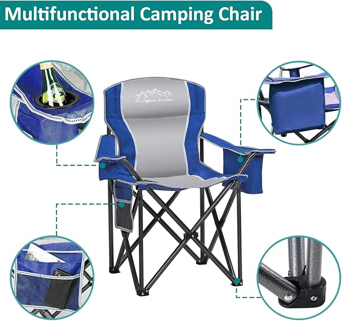 Heavy Duty Folding Camping Chair with Cooler Bag, Cup Holder, Storage Pocket, 450lbs Capacity with Large Anti-Sink Feet, Portable Padded Chair for Camping, Beach, Fishing, Sports, Blue