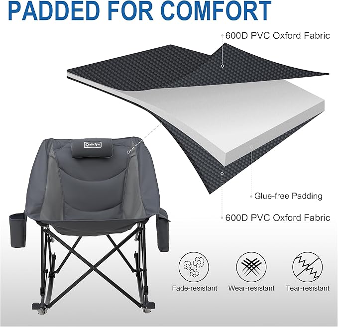 Oversized Camping Chair for Adults, Lawn Chairs Outdoor Fold up, Rocking Camping Chairs with Pillow for Picnic, Heavy-Duty 600D Oxford Cloth with Cup Holder, 350 Pound Capacity, Grey.