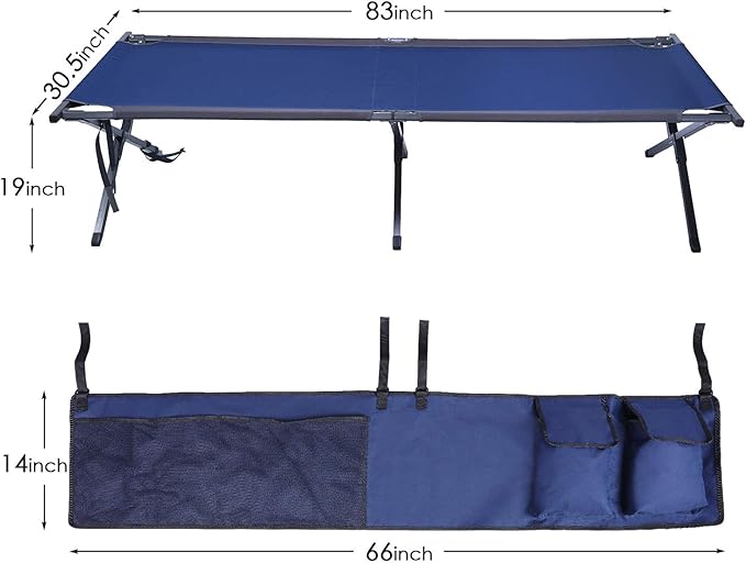 PORTAL Folding Portable Camping Cot, Guest Bed with Carry Bag and Side Storage Organizer, Camping Cots for Adults Sleeping, Away Tent Sleeping Cot Bed, Supports 300 LBS, Blue