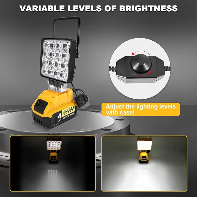 Portable LED Work Light for Dewalt 20v Battery,Dewalt Battery Light with Power Functionality and Rotating Stand,Rechargeable Flood Light,48W 4800LM Flashlight for Garage & Jobsite Lighting