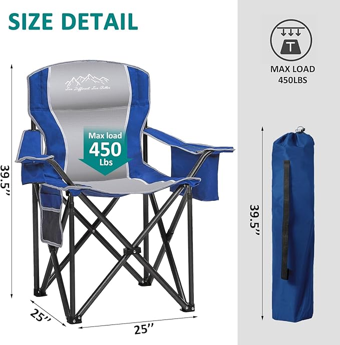 Camping Chair with Cooler Bag, Cup Holder, Storage Pocket, Heavy Duty 450lbs Capacity with Large Anti-Sink Feet, Portable Folding Padded Chair for Outdoor, Beach, Fishing, Sports, Blue 2Pack