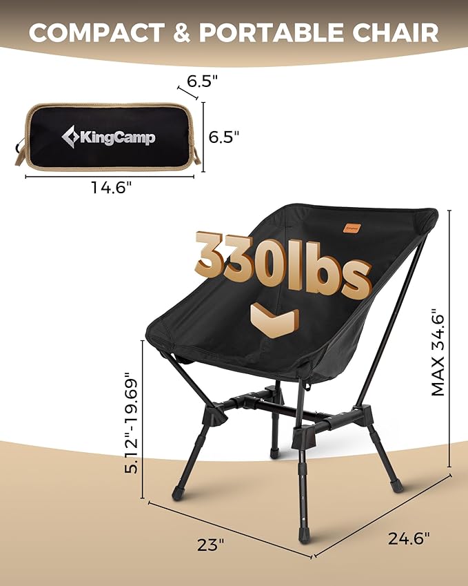 KingCamp Portable Backpacking Chair, 4-Position Adjustable Height Folding Compact Lightweight Camping Chairs with Cup Holders & Carry Bag for Outdoor Camp Hiking Lawn Fishing
