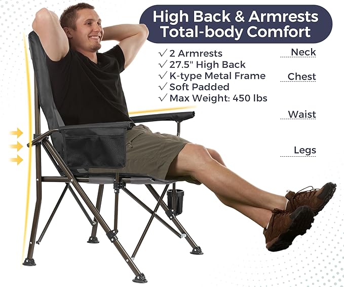 Large High Back Camping Chair for Adults - Comfortable Oversized for Tall People, Heavy Duty & 450lbs Capacity K-Frame, Padded Seat & Armrests for Sitting Fishing Outside, Cup Holder (Black)
