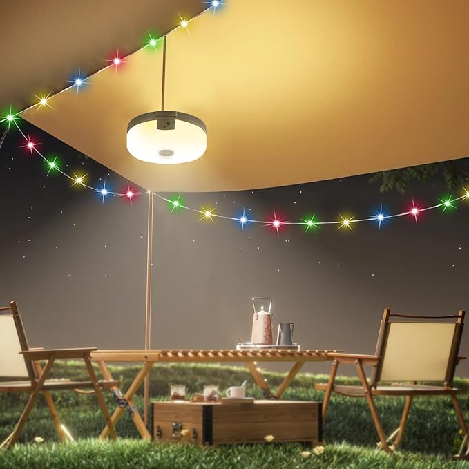 Outdoor waterproof portable stowable string light, 4 in 1 camping string lights outdoor with 8 lighting modes (42ft), solar /USB rechargeable Tent Lights for Camping, Hiking, Yard, RV (Multicolor)