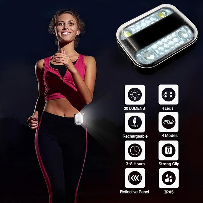 Clip on Running Lights, LED Running Lights 4 Modes Brightness with Red Strobe for Runners Joggers Camping Hiking Walking Outdoor Adventure(Gray)
