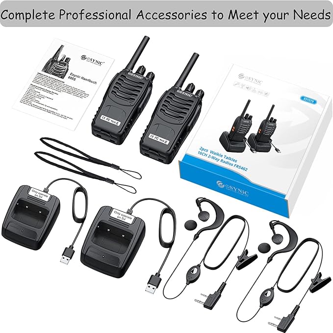 eSynic 2Pack Professional Walkie Talkies Rechargeable Walkie Talkies for Adults Clear Calls Long Range Walkie Talkies VOX 2 Way Radio Kids Gifts 16CH Walkie Talkies with Earpiece for in&Outdoor etc