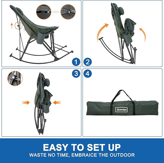 Oversized Rocking Camping Chair for Adults Heavy Duty,Padded Outdoor Rocking Chair Lawn Chairs Portable Rocking Camp Chairs with Side Pocket and Carry Bag for Indoor,Beach,Camp,Lawn,Outdoor