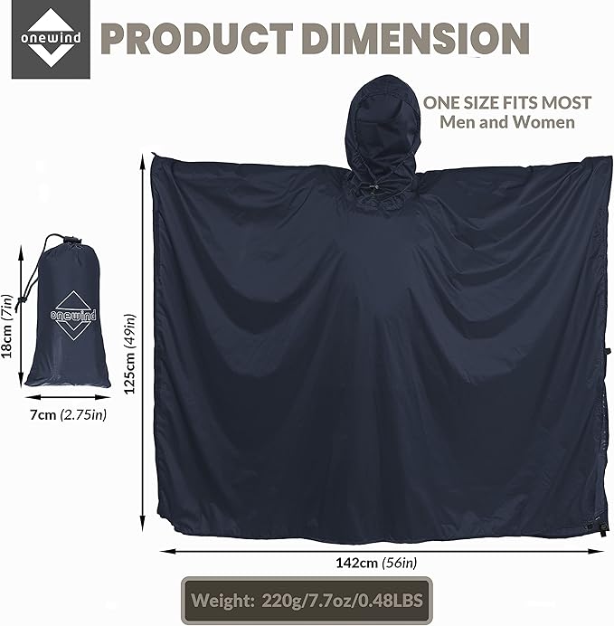 onewind Hooded Rain Poncho, Silnylon Camping Rain Coat Versatile Survival Shelter Lightweight Poncho for Hiking, Backpacking