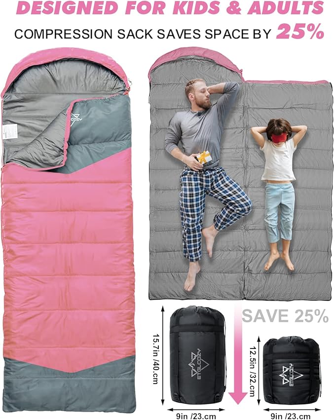 Sleeping Bag for Adults Cold Weather & Warm, Lightweight Backpacking Camping Hiking Essentials Gear for Kids 10-12 Girls Boys Compact w/Compression Sack Indoor Outdoor Sleep Must Haves