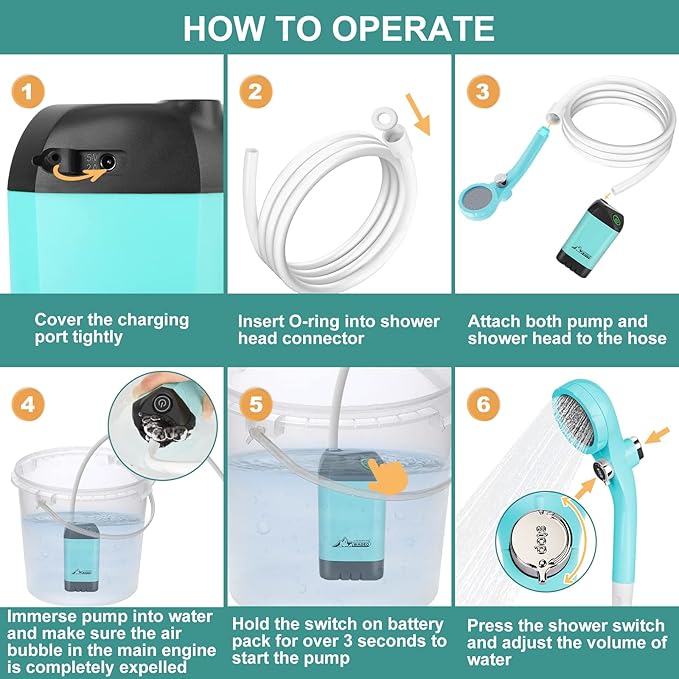 WADEO Portable Shower Camping Shower Outdoor Camp Shower Pump, Electric Rechargeable Portable Camping Shower, Powered by Rechargeable Battery for Camping, Hiking, Traveling