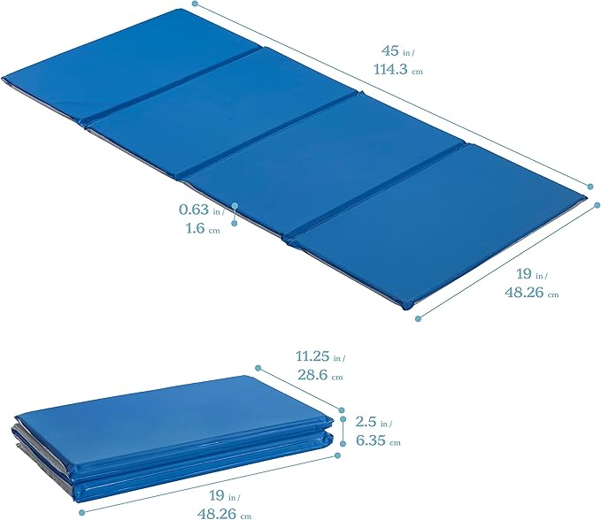 ECR4Kids Everyday Folding Rest Mat, 4-Section, 5/8in, Sleeping Pad, Blue/Grey, 5-Pack