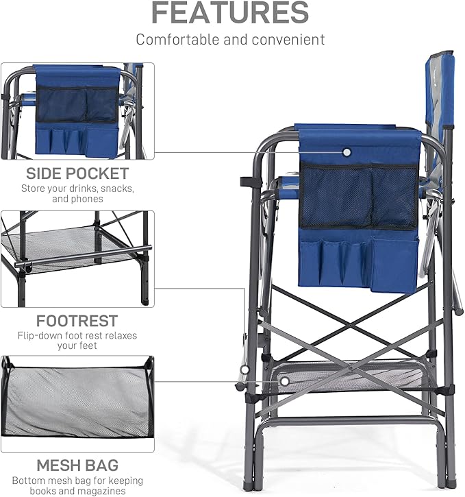 EVER ADVANCED 2 Piece Tall Folding Chair 30.7" Seat Height Directors Chair High Foldable Bar Stool for Makeup Artist Face Painting with Side Table Cup Holder Supports 350LBS