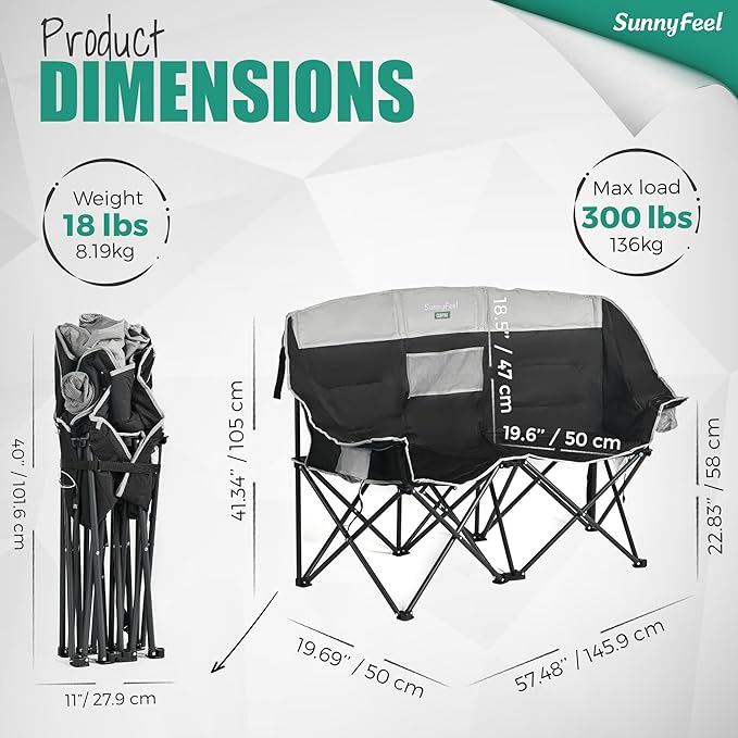 SUNNYFEEL Heated Double Camping Chair, Oversized Folding Loveseat Chair, Heavy Duty Portable/Foldable Lawn Chair for Beach/Outdoor/Travel/Picnic, Fold Up Camp Chairs for Adults 2 People