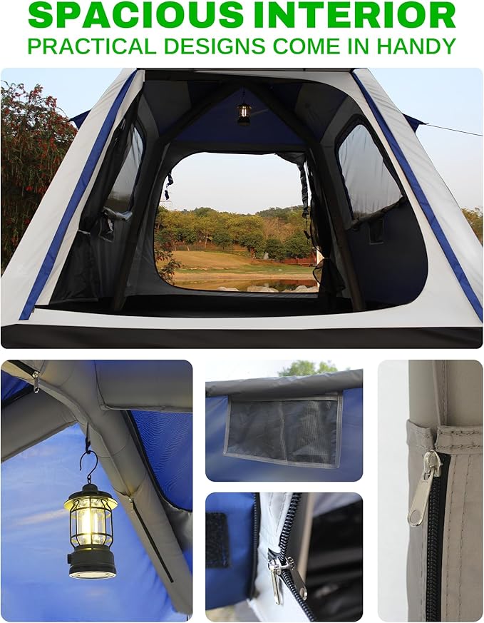 Inflatable Tent for Camping, 8.2x8.2FT Large 4-6 Person Blow up Tent with 2 Doors and 4 Screen Mesh Panels, Footprint Included(Sapphire & Light Gray)