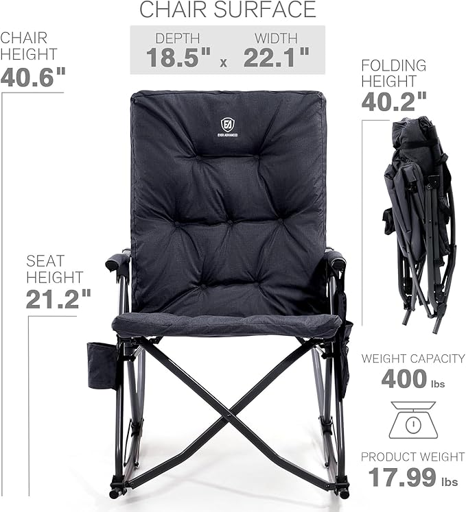 EVER ADVANCED Oversized Folding Rocking Camping Chair, Padded Portable Rocker Chairs for Patio, Lawn and Outdoors, Heavy Duty Hard Armchair for Adults Supports 400lbs, Black