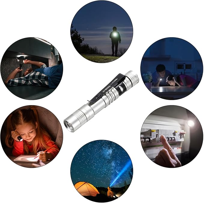 PATIKIL Mini Flashlight with Clip, Super Light Small LED Pen Flashlights Aluminum White Light Torch Battery Powered for Camping Hiking, Silver