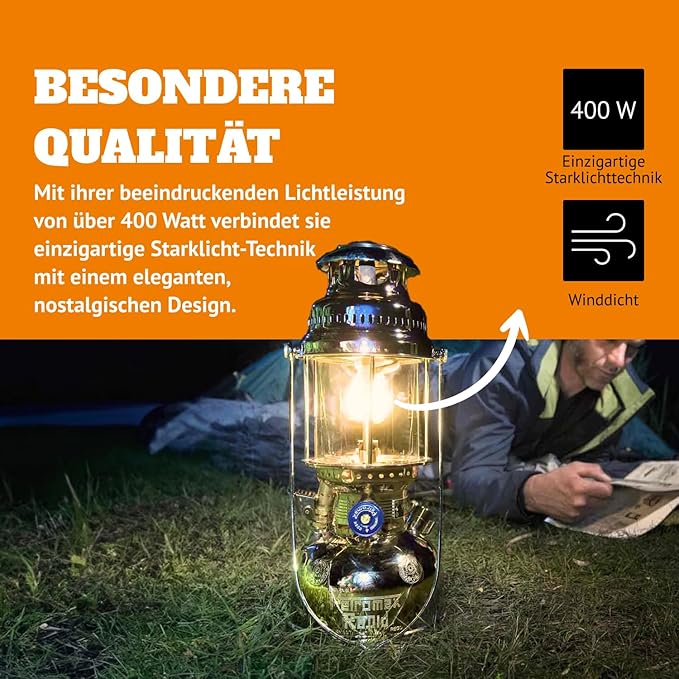 Petromax HK500 Pressurized Lantern, 500 Candlepower with 1 Quart Kerosene Tank for Home, Camping or Emergency Lighting, Hand Assembled High Pressure 400 Watt Lamp, Polished Brass