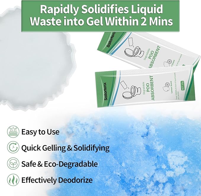 Poo Absorbent for Portable Toilet, Camping Toilet Chemicals, Eco Degradable Absorbent Gel Liquid Waste Gelling and Deodorizing Absorbent Emergency Toilet Waste Treatment