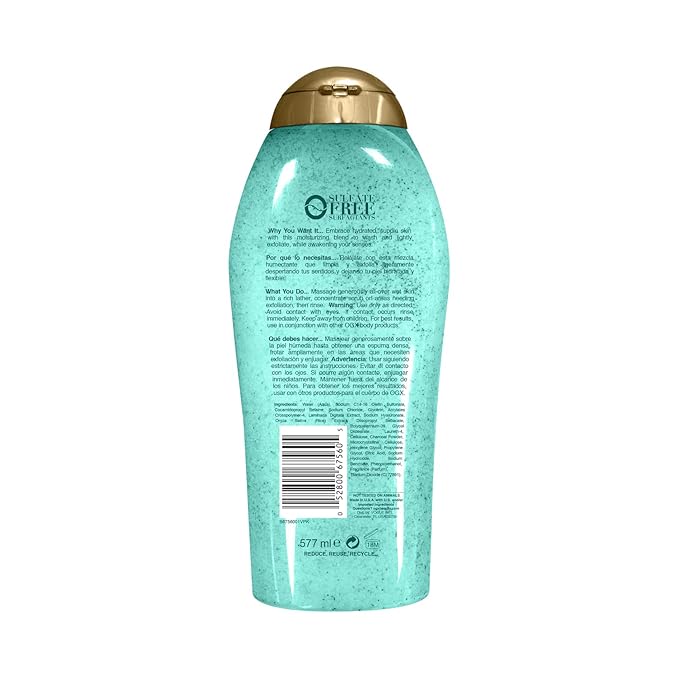 OGX Hydration + Sea Kelp & Hyaluronic Acid Sulfate-Free Lightly Moisturizing Body Scrub with Black Rice, Gentle Exfoliating Daily Body Wash to Soften & Smooth Skin, 19.5 Fl Oz (Pack of 2)