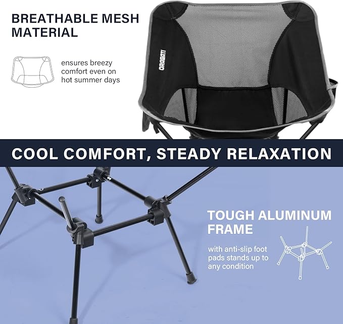 Folding Camping Chairs, Lightweight Backpacking Chair in Compact Design for Camp, Beach, Hiking, Outdoors, Black