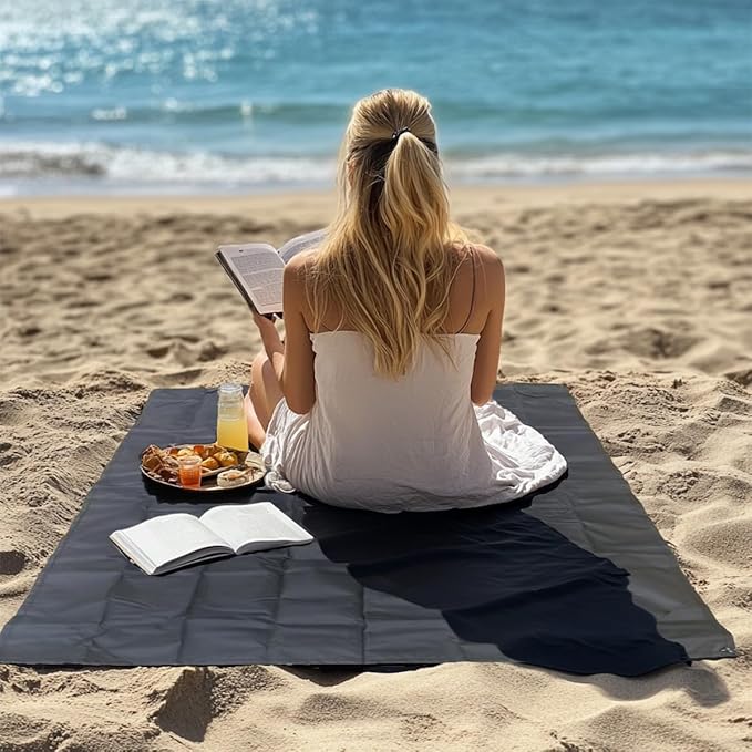 Outdoor Pocket Blanket, 55"x39" Packable Compact Lightweight Small Picnic Blanket, Water Resistant Fast Dry Ground Cover for Beach Concert Festival Camping Hiking, Stakes Included (Black)