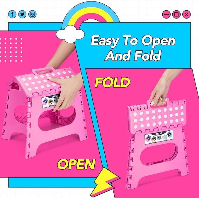 Delxo Folding Step Stool,11 Inch Non-Slip Foldable Step Stools for Kids and Adult,Portable Lightweight Small Folding Stool with Handle for Kitchen Bathroom in Pink,1 Pack