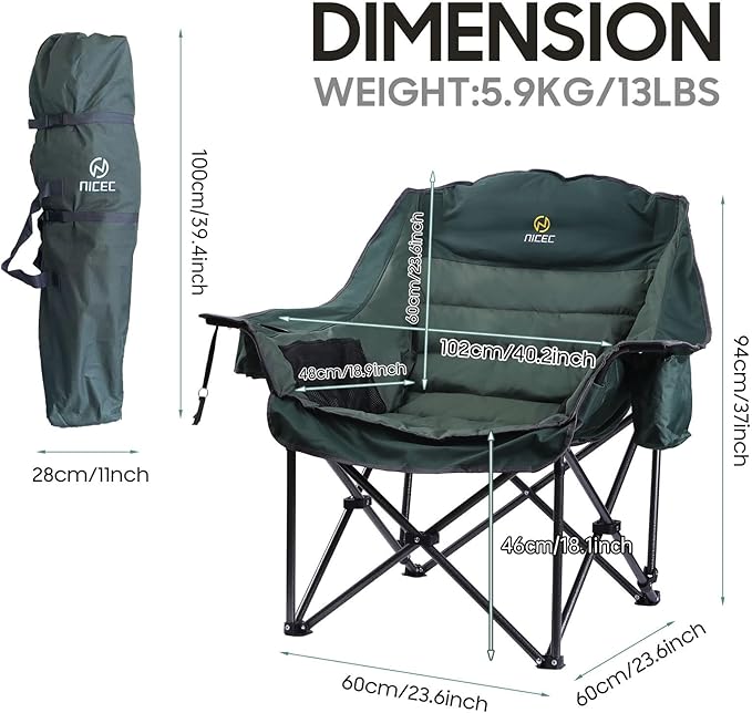 Nice C Camping Chairs, Oversized XL Padded Camping Chair, Outdoor Chair, Camp Chair, Lounge Chair, Wide&Thick, Heavy Duty 400lb, Carry Bag, Cupholder & Cooler (One Green)
