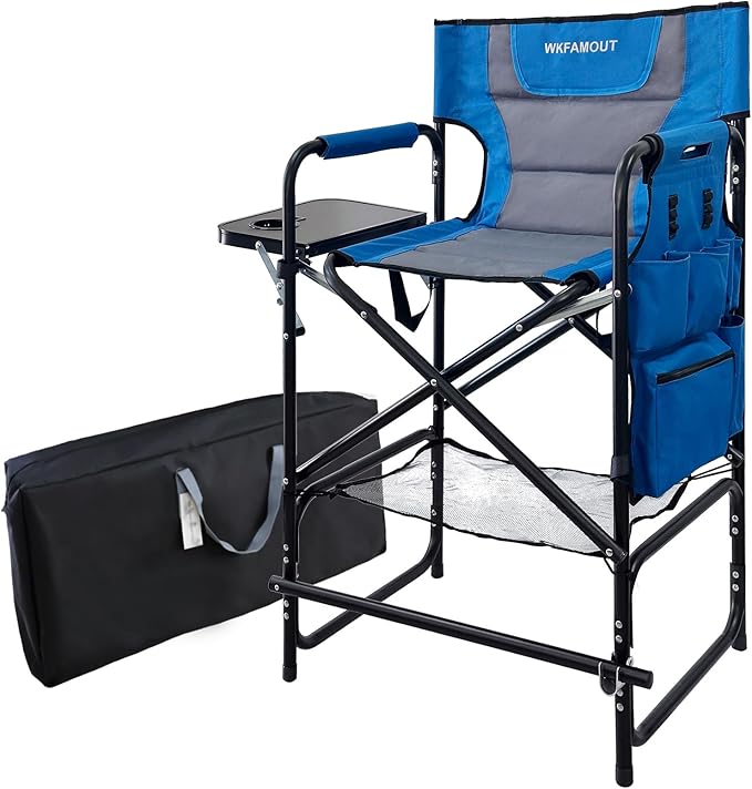 Tall Folding Directors Chair with Side Table 30.71" Seat Height Foldable Camping Chair Bar Stool for Makeup Artist Face Painting with Footrest and Storage Pocket Supports 350LBS