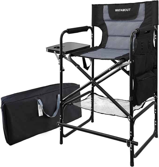 Tall Folding Directors Chair with Side Table 30.71" Seat Height Foldable Camping Chair Bar Stool for Makeup Artist Face Painting with Footrest and Storage Pocket Supports 350LBS