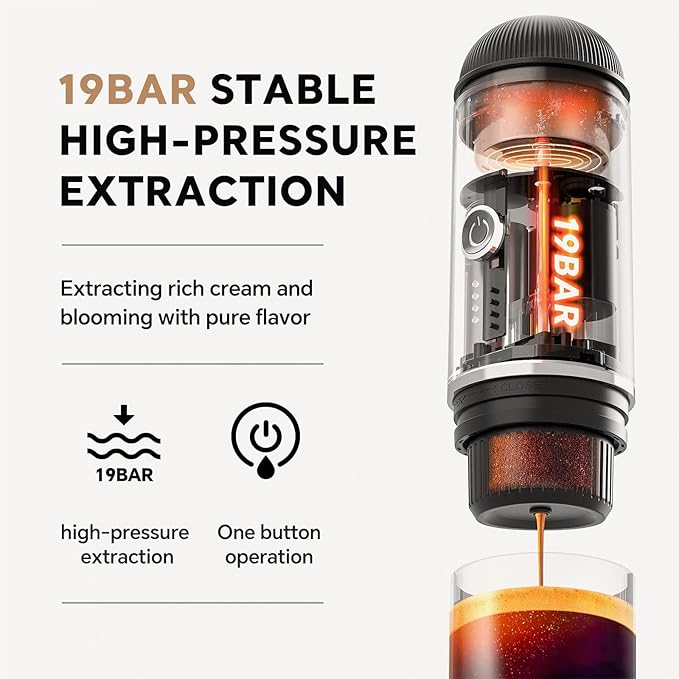 Portable Espresso Machine with 3-4 Min Self-heating, 12V Rechargeable Electric Coffee Machine 19 Bar Compatible with NS Capsules and Ground Coffee for Car Camping Travelling