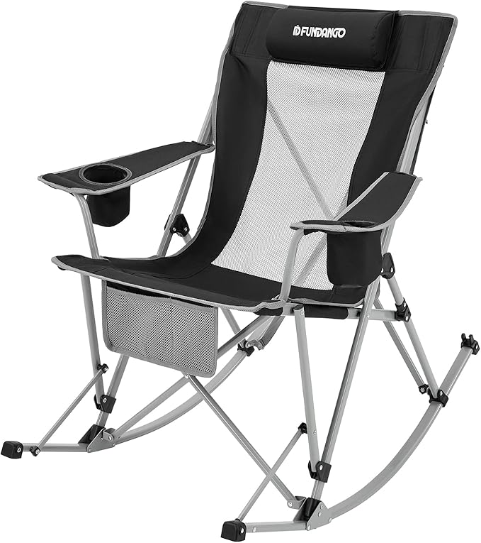 FUNDANGO Rocking Camping Chair, High Mesh Back Portable Folding Camp Chairs with Pillows, Cup Holder and Carry Bag for Lawn Patio Garden Outdoor Supports 300 Lbs (Black/Grey)