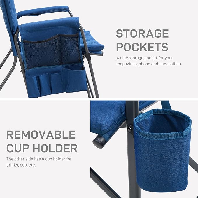 EVER ADVANCED Lightweight Folding Rocking Camping Chair, Padded Portable Rocker Chair for Patio, Lawn and Outdoors, Heavy Duty Hard Armchair for Adults, Blue