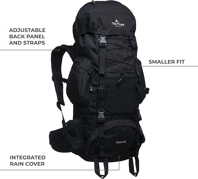 TETON 65L Scout Internal Frame Backpack for Hiking, Camping, Backpacking, Rain Cover Included