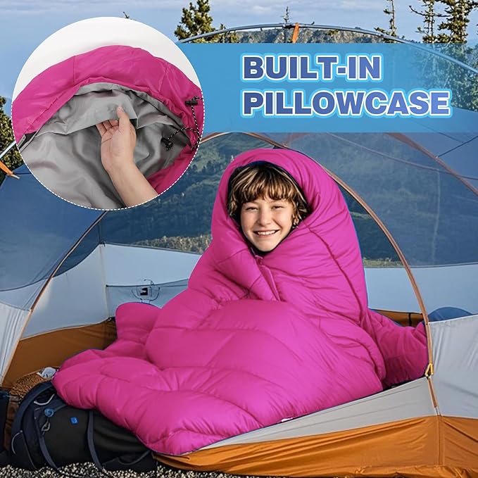 REDCAMP Kids Mummy Sleeping Bag for Camping, 3 Season Cold Weather Sleeping Bag Fit Boys,Girls & Teens, Blue/Rose Red