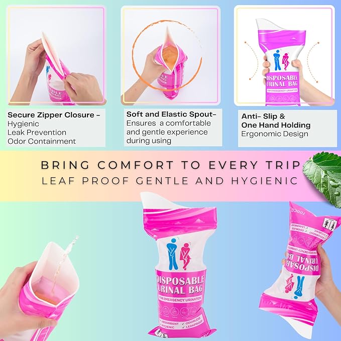 Disposable Urine Bag,12 Packs 700ML Disposable Urinal Bag for Travel, Emergency Portable Pee Bag and Vomit Bags, Toilet Bag for Camping, Traffic Jams, Pregnant, Patient, Kids (Pink - 12)