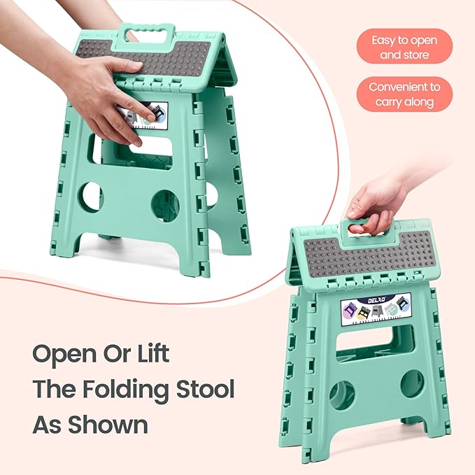 Delxo Folding Step Stool 13 Inch Non-Slip Foldable Stools for Kids & Adults Up to 300 LBS Kitchen Collapsible Fold Up Stepping Stool with Dotted 1 Pack Green