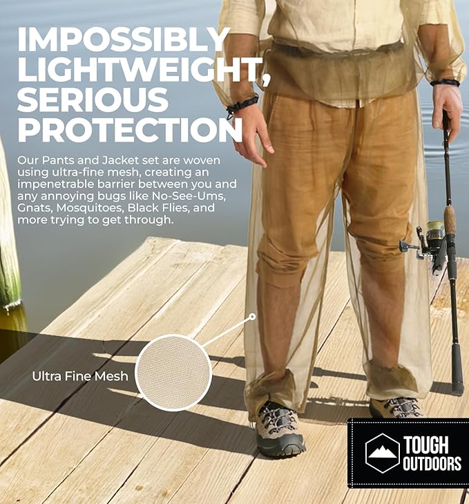 Tough Outdoors Mosquito Pants - Net Bug Mesh Pants for Outdoor Protection from Bugs, Flies, Gnats, No-See-Ums & Midges - For Men & Women - w/Free Carry Pouch Small to Medium - Pants Only