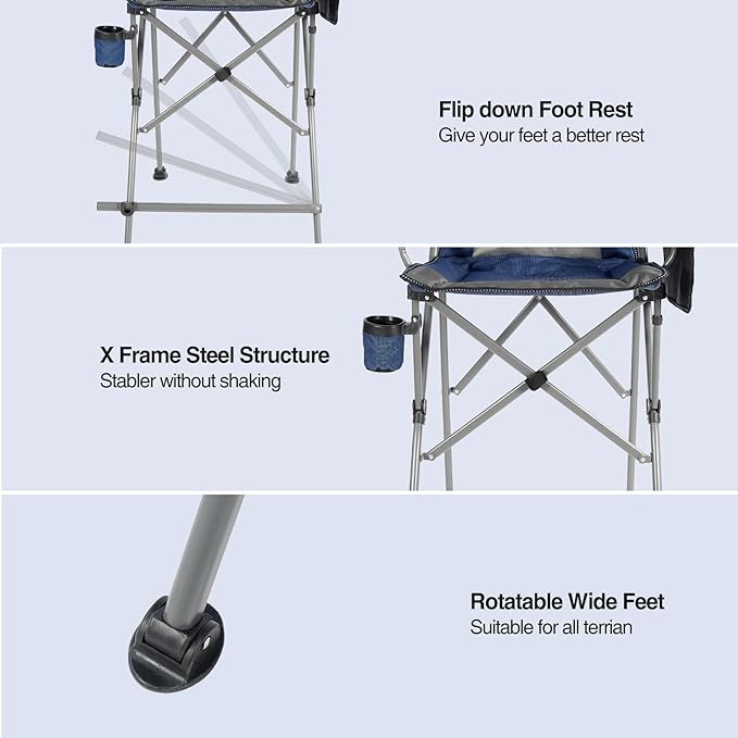 Extra Tall Folding Chairs for Adults 330lbs, Portable Bar Height Foldable Director Chairs for Camping Outside, Comfortable with High Back and Footrest, Blue