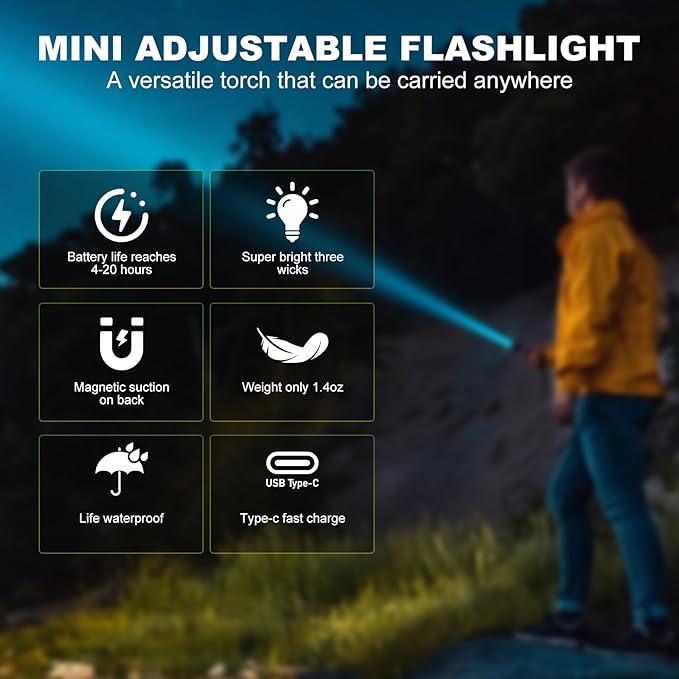 Mini Rechargeable Flashlight with Clip, Pocket LED Small Super Bright Flash Light with USB C Charging, EDC Magnetic Lightweight Tactical 5 Modes Lamp for Camping,Hiking,Emergency
